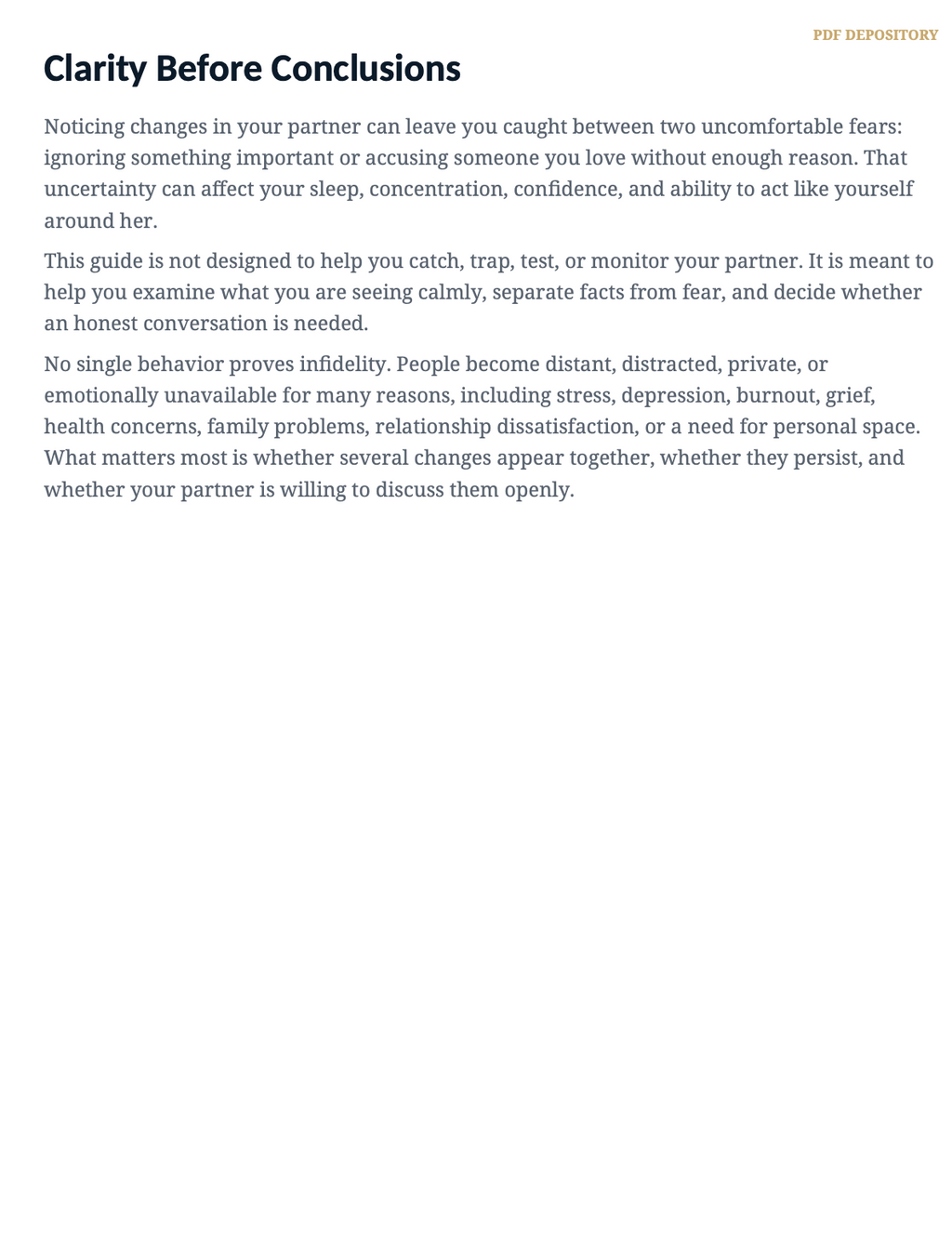 A text-based informational page titled 'Clarity Before Conclusions' with paragraphs of black and gray text on a white background, plus a small 'PDF DEPOSITORY' label in the top-right corner.