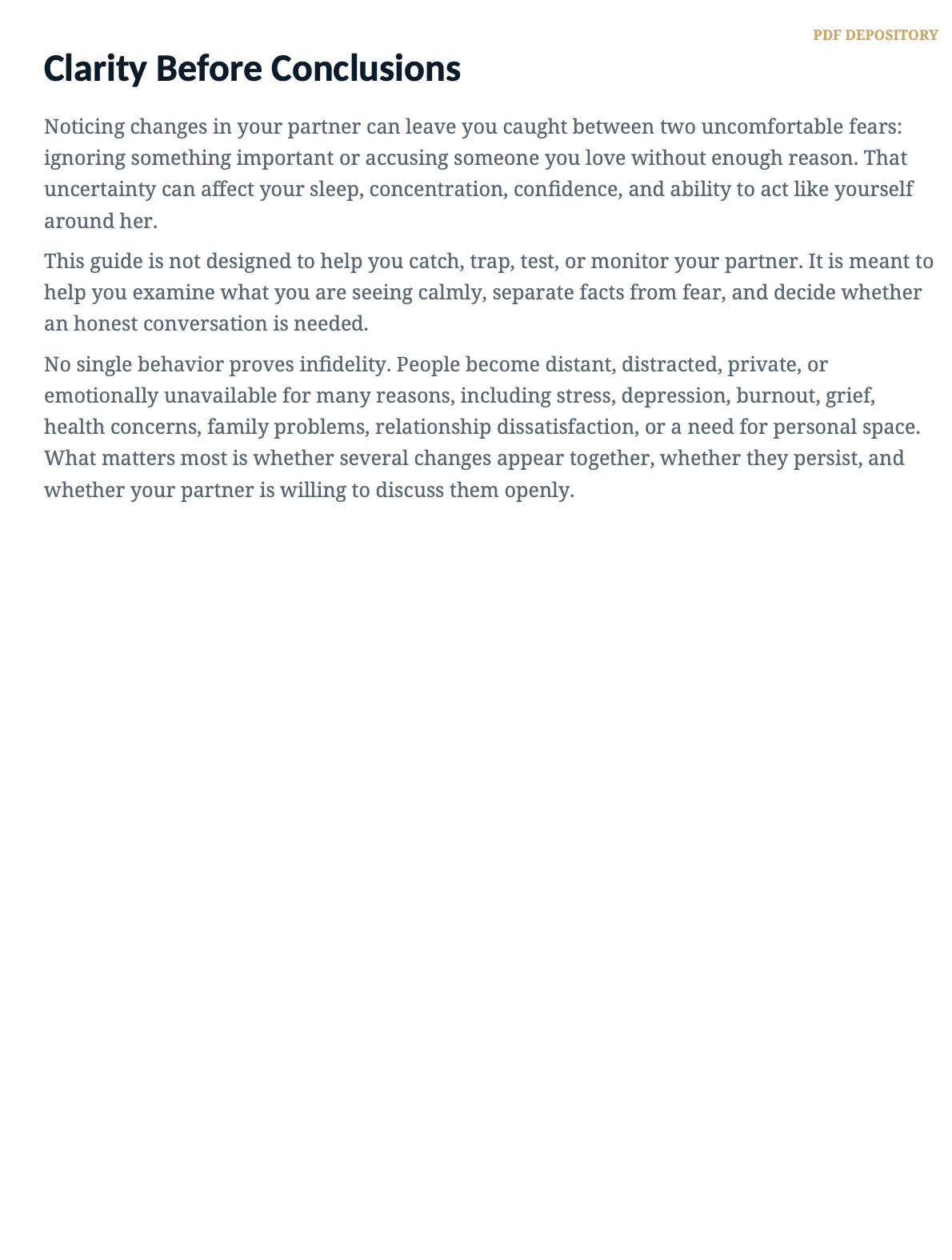 A text-based informational page titled 'Clarity Before Conclusions' with paragraphs of black and gray text on a white background, plus a small 'PDF DEPOSITORY' label in the top-right corner.