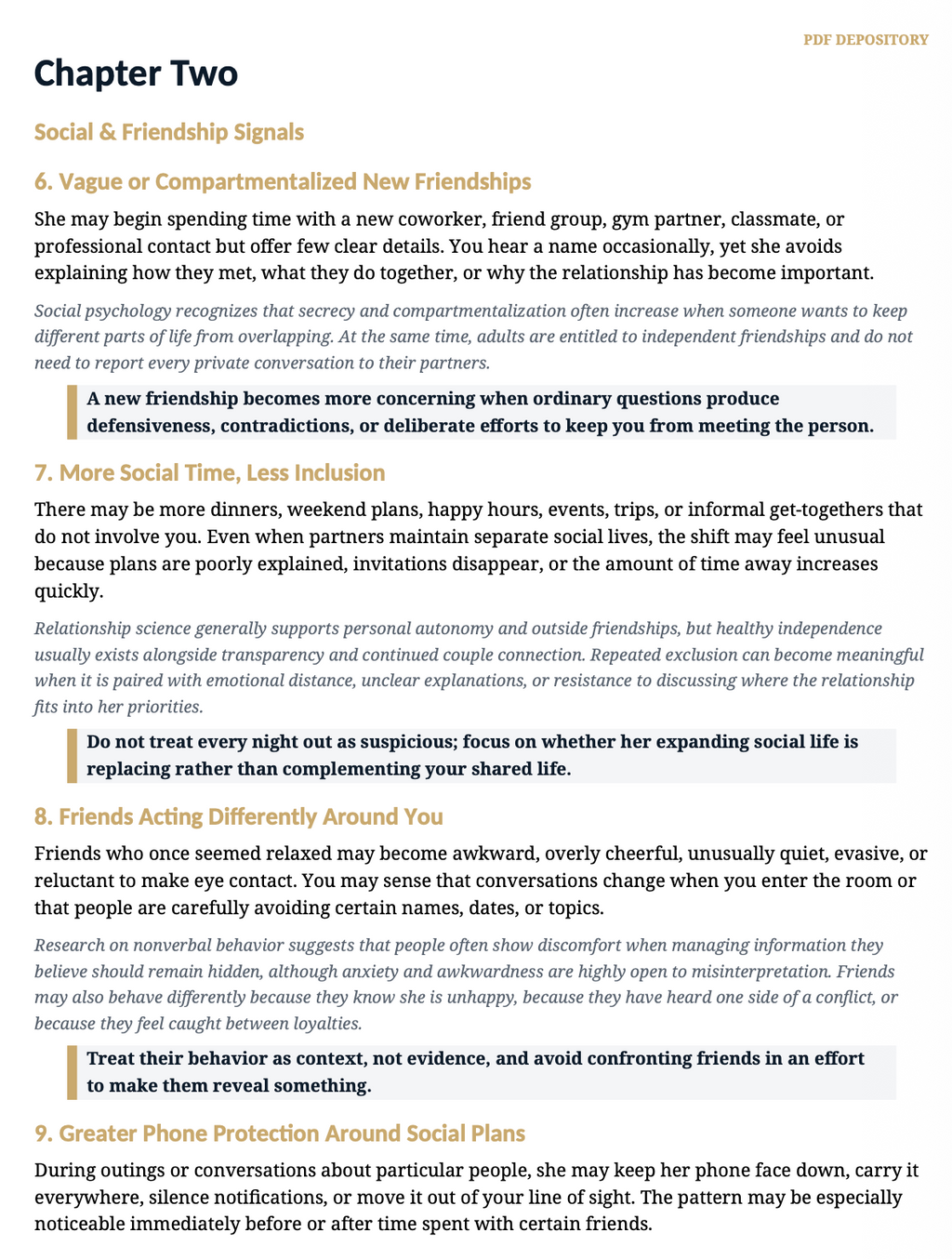 A text-based educational page titled 'Chapter Two' with the subtitle 'Social & Friendbips Signals' and a numbered list of nine points about friendship and social cues, printed in black on a white background with light peach-colored highlighted sections.