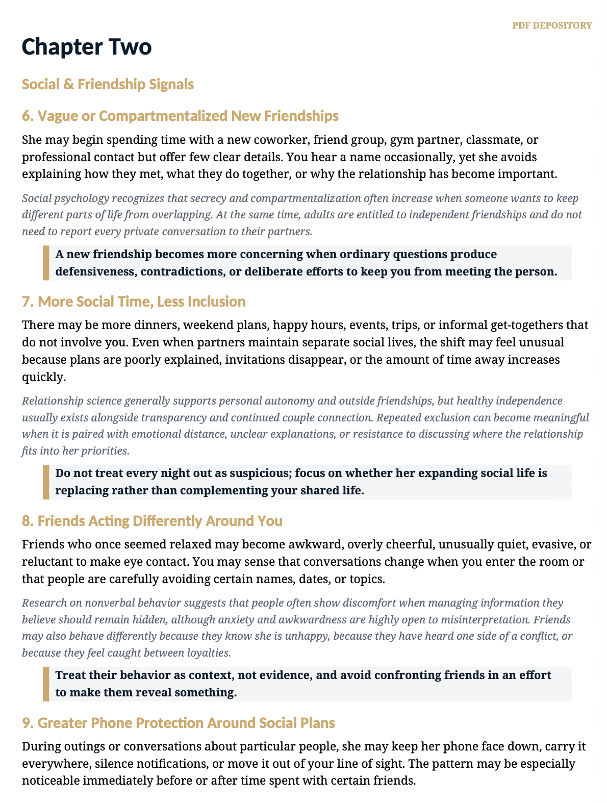 A text-based educational page titled 'Chapter Two' with the subtitle 'Social & Friendbips Signals' and a numbered list of nine points about friendship and social cues, printed in black on a white background with light peach-colored highlighted sections.