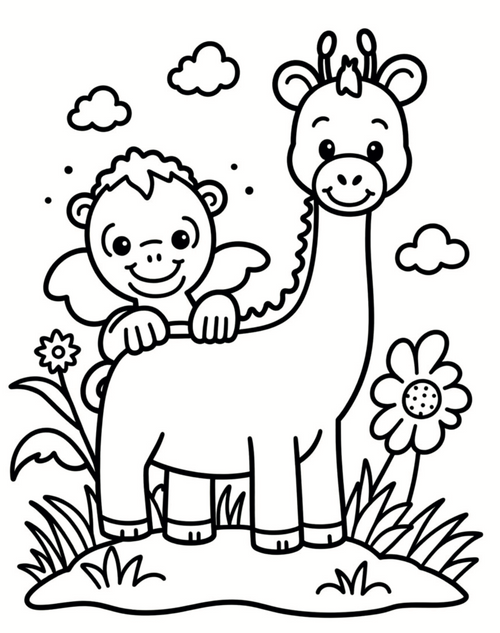 Black and white cartoon coloring page featuring a smiling monkey with small wings riding on the back of a giraffe, with clouds, flowers, grass, and a hill at the bottom.
