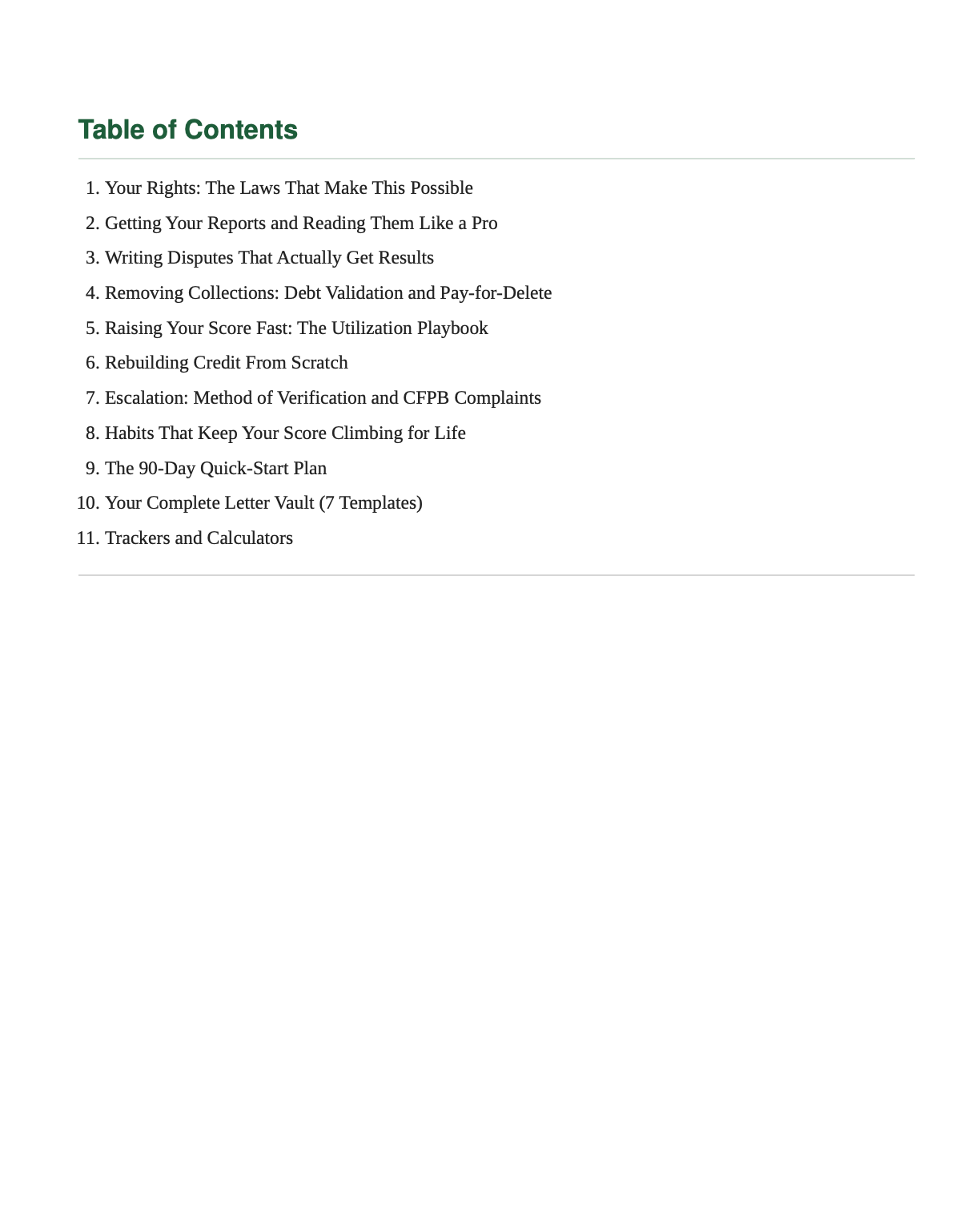 A digital preview of a document's table of contents page, featuring a numbered list of eleven sections on a plain white background with dark green and gray text.