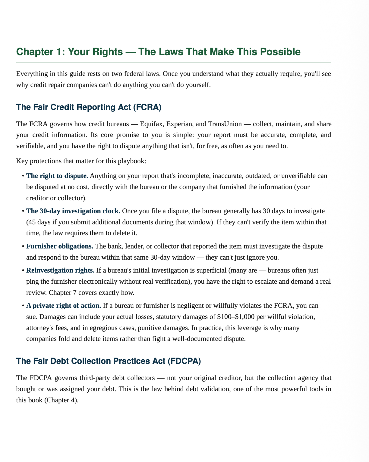 A page of text from a legal guide titled "Chapter 1: Your Rights — The Laws That Make This Possible," with bullet points discussing the Fair Credit Reporting Act (FCRA) and the Fair Debt Collection Practices Act (FDCPA) on a white background.
