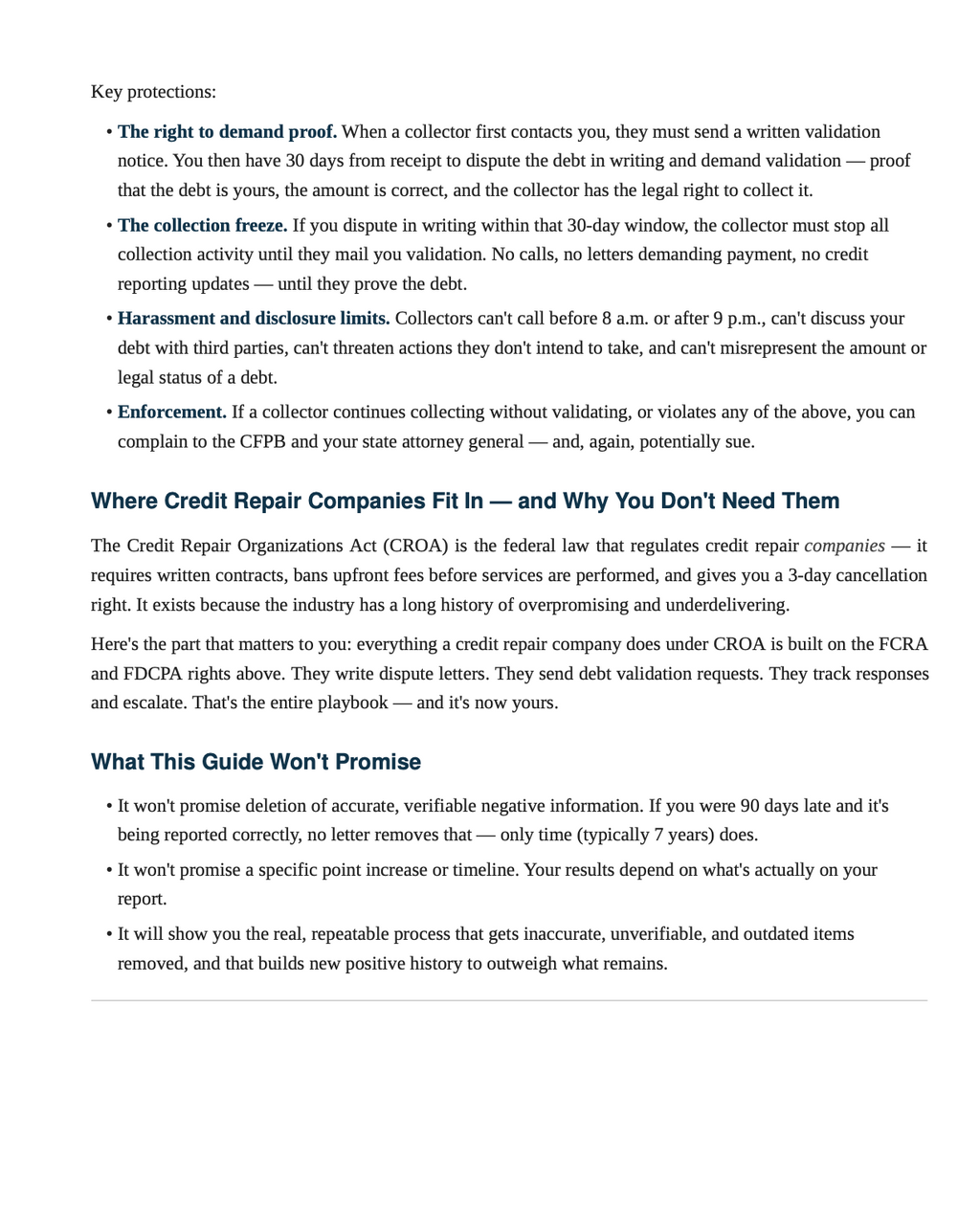A page of black text on a white background outlining key protections and explaining why credit repair companies may not fit in, formatted like an informational guide or brochure page.
