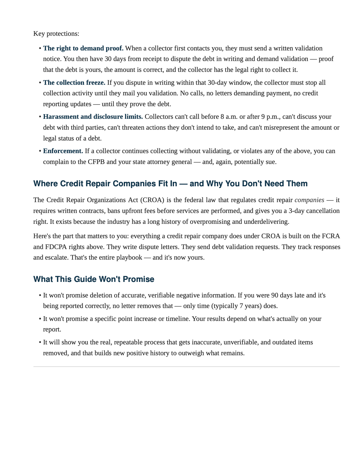 A page of black text on a white background outlining key protections and explaining why credit repair companies may not fit in, formatted like an informational guide or brochure page.