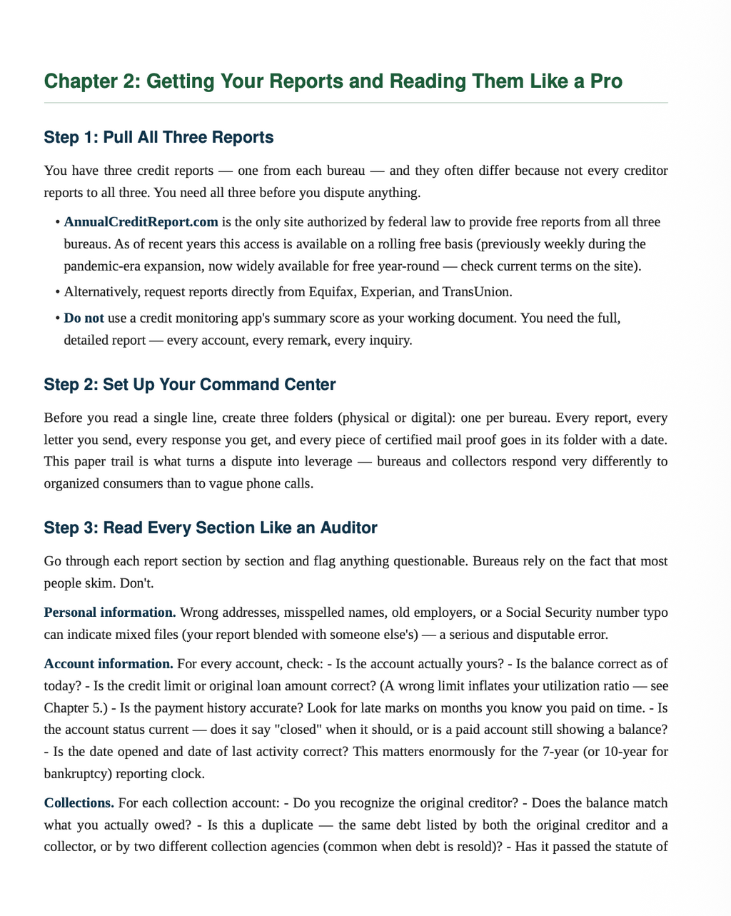 A page from a guide titled 'Chapter 2: Getting Your Reports and Translating Them Like a Pro' with numbered steps, bullet points, and explanatory text about credit reports and accounts receivable.