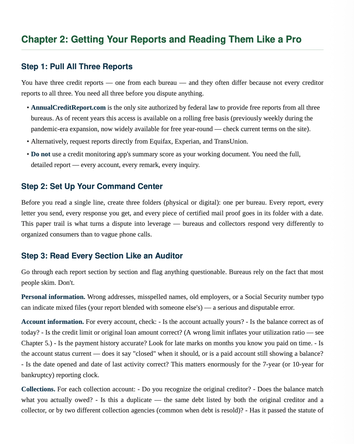 A page from a guide titled 'Chapter 2: Getting Your Reports and Translating Them Like a Pro' with numbered steps, bullet points, and explanatory text about credit reports and accounts receivable.