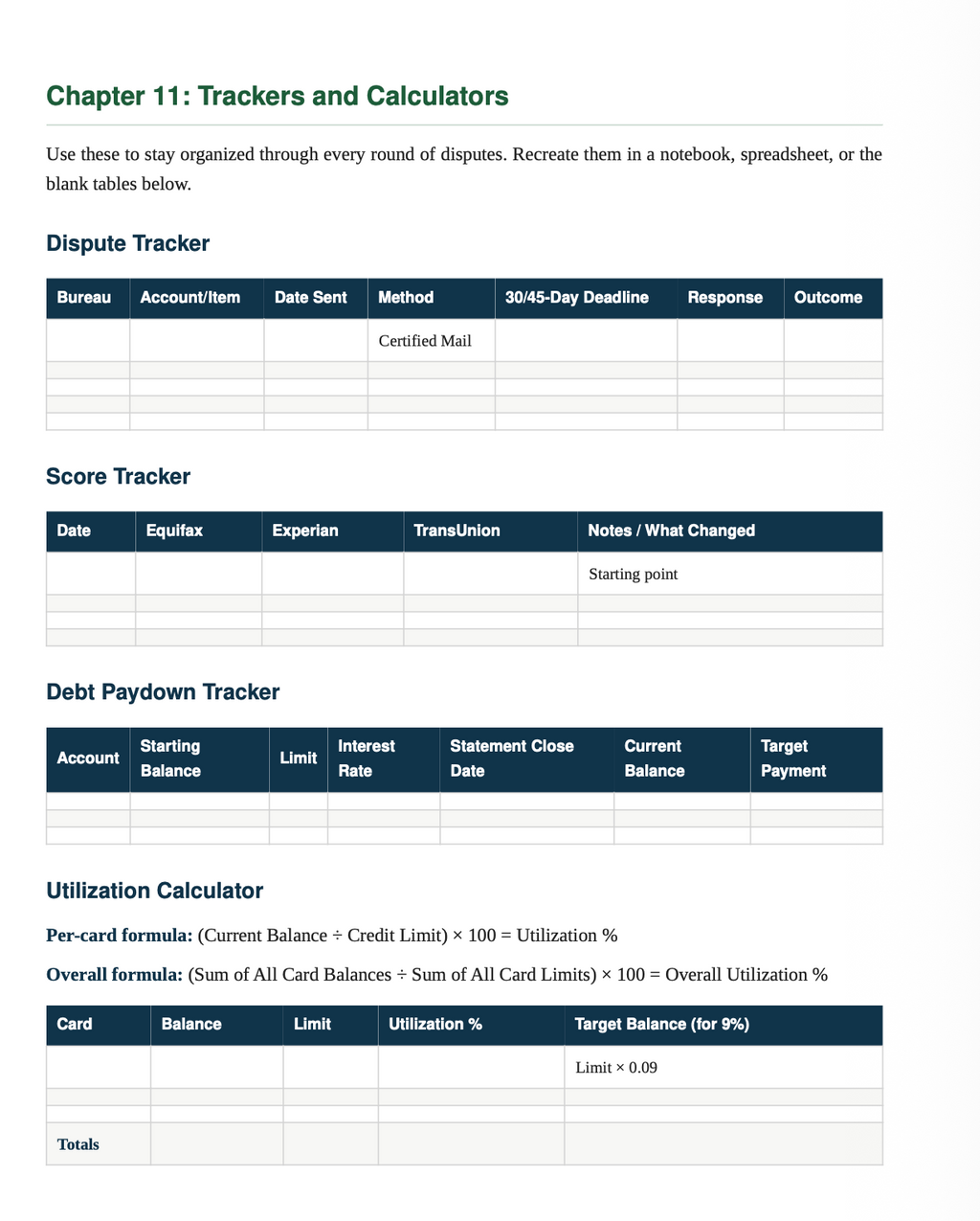A printable tracker and calculator sheet titled "Chapter 11: Trackers and Calculators" with sections for a dispute tracker, score tracker, debt paydown tracker, and utilization calculator in a spreadsheet-like table format.