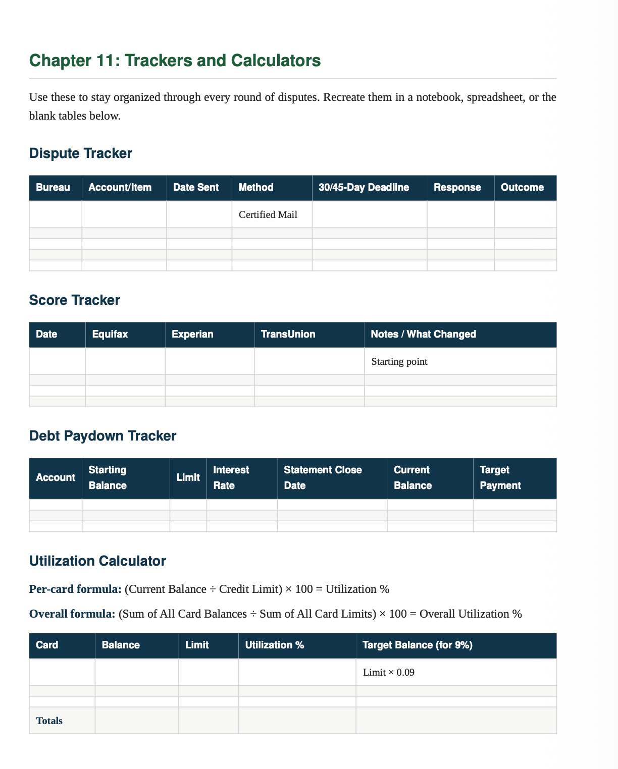 A printable tracker and calculator sheet titled "Chapter 11: Trackers and Calculators" with sections for a dispute tracker, score tracker, debt paydown tracker, and utilization calculator in a spreadsheet-like table format.