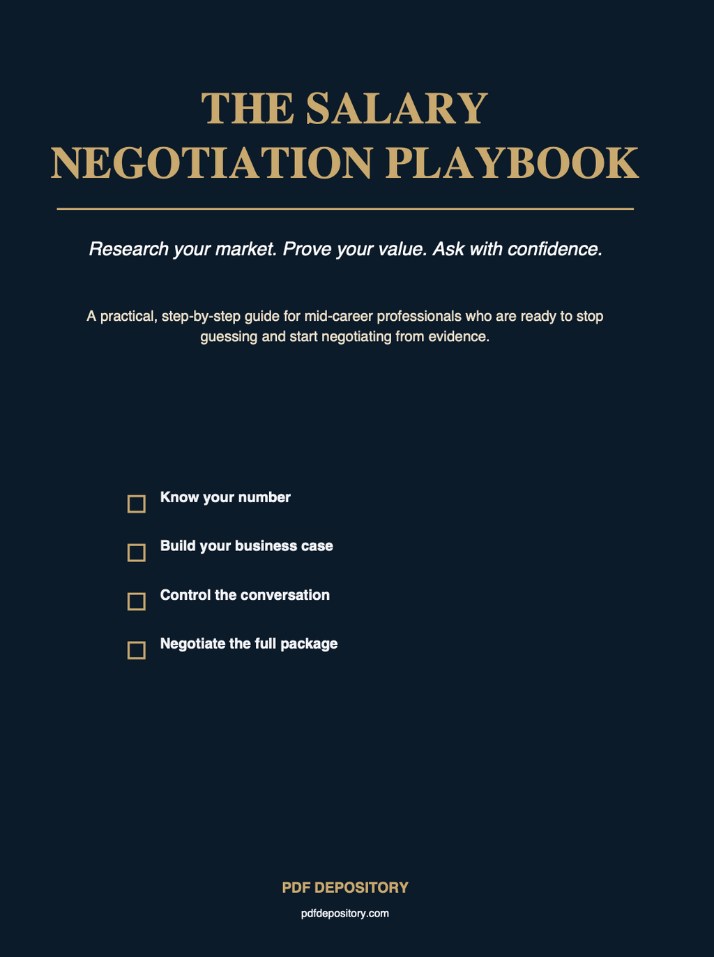A digital cover for 'The Salary Negotiation Playbook' featuring a dark navy blue background with gold and white text. The cover lists four key checklist items for salary negotiation and displays the brand 'PDF DEPOSITORY' at the bottom.