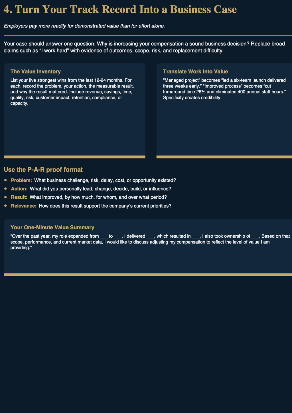 A digital document or poster template titled '4. Turn Your Track Record Into a Business Case' with dark blue panels, black text, and a light gray background.