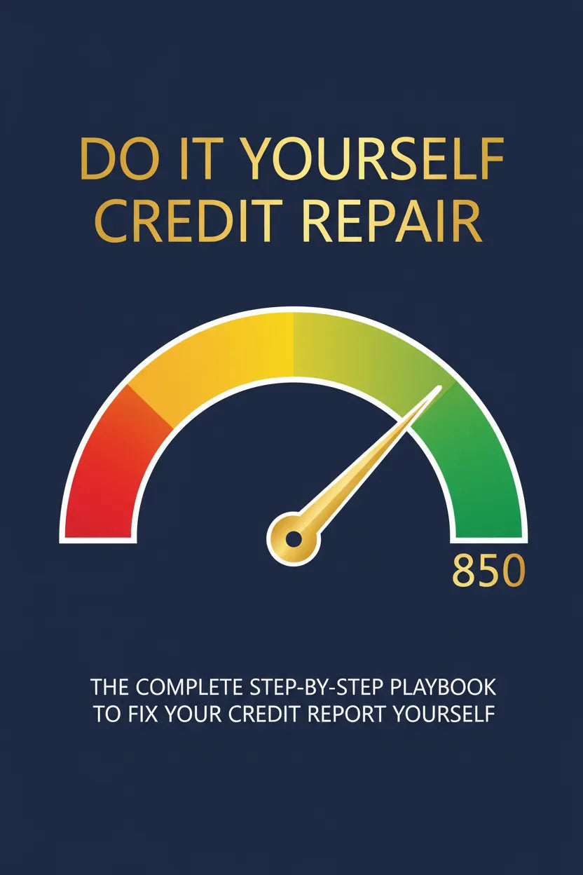 A book cover titled 'DO IT YOURSELF CREDIT REPAIR' on a dark navy background, featuring a semi-circular credit score gauge in red, yellow, and green with a gold needle and the number 850. Smaller white text at the bottom reads 'THE COMPLETE STEP-BY-STEP PLAYBOOK TO FIX YOUR CREDIT REPORT YOURSELF'.