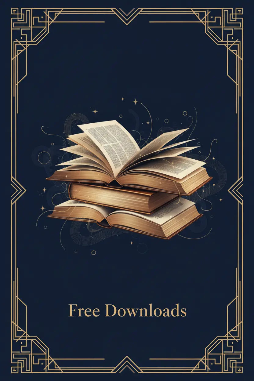 A decorative digital graphic with three stacked open books at the center on a dark navy background, surrounded by a gold geometric border and the words 'Free Downloads' near the bottom.