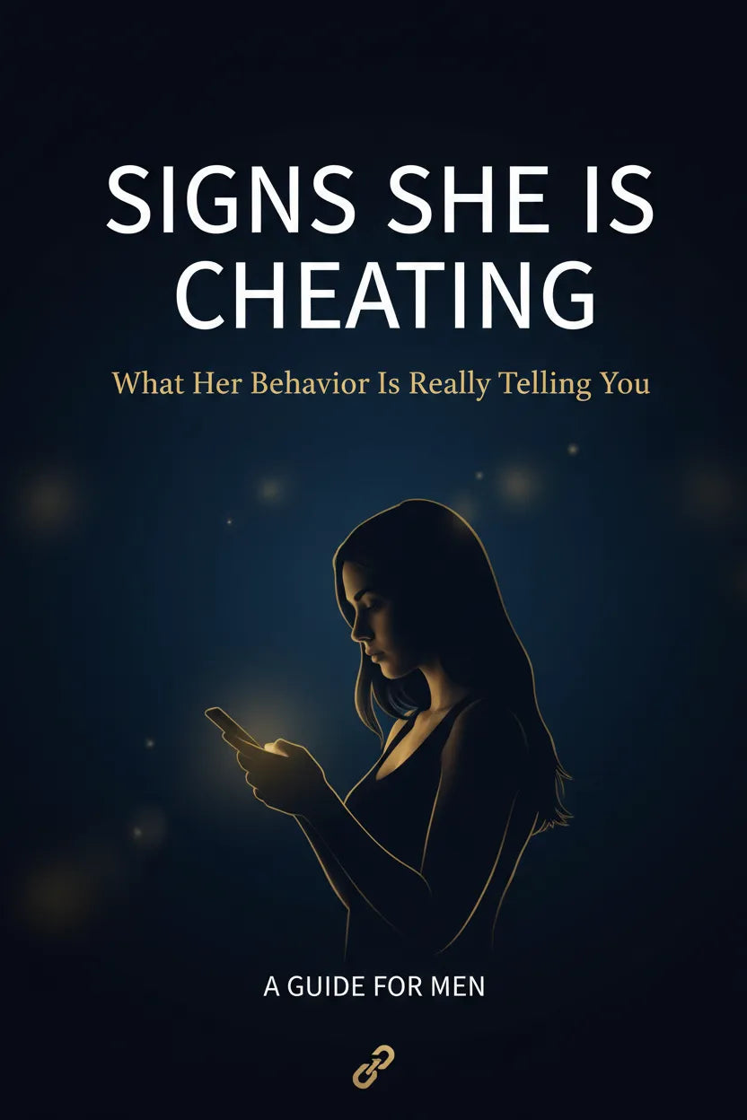 Book cover titled 'SIGNS SHE IS CHEATING' with subtitle 'What Her Behavior Is Really Telling You' and 'A GUIDE FOR MEN' on a dark navy background, featuring a silhouette of a woman looking at a phone.